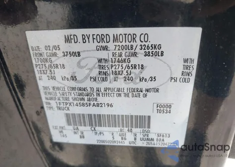 2005 Ford F150 from USA, damaged, VIN 1FTPX14585FA82196